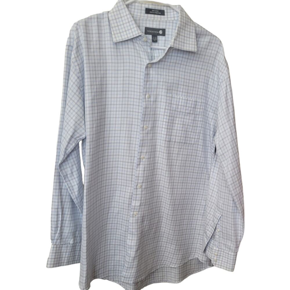 Nordstrom Mens Dress Shirt 17 34 Blue Plaid Button Down Business Office
